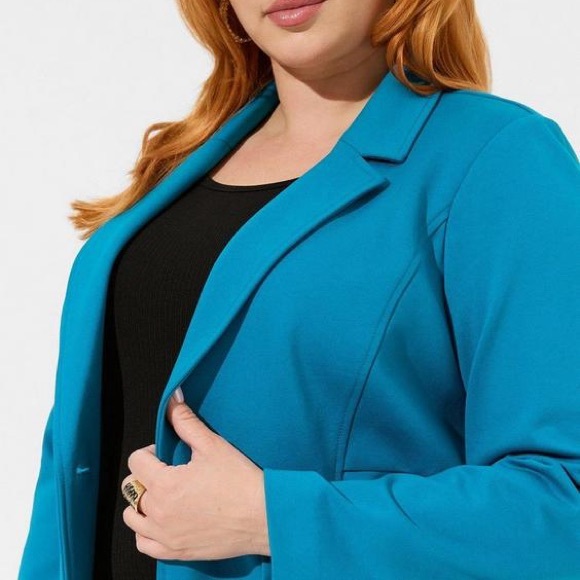 Torrid Size 3 Turquoise Blue Chelsea Studio Luxe Ponte Blazer Ruched 3/4 Sleeves - Picture 4 of 5